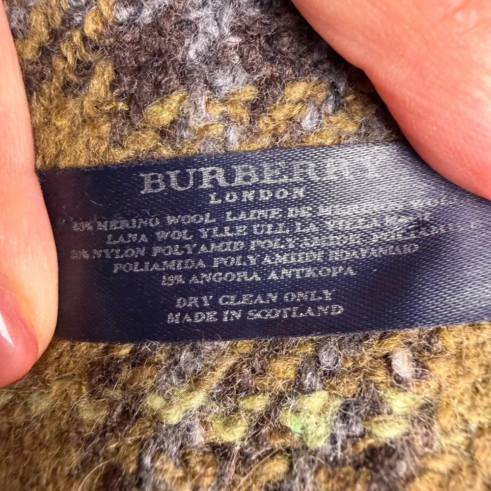 Burberry London Olive Green Plaid Merino Wool Angora Scarf Made in Scotland
